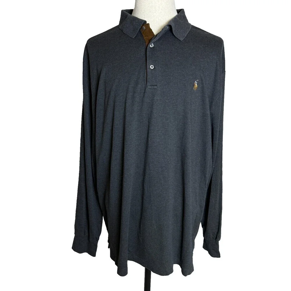 Polo Ralph Lauren Men's Long Sleeve Polo Shirt, Sz 2XLT, Gray 100% Pima Cotton